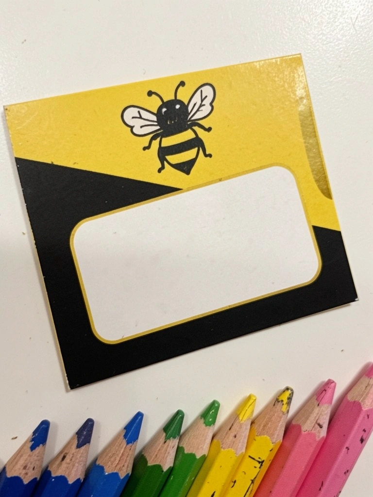 Cartão amarelo e preto com ilustração de abelha e espaço em branco para escrever.