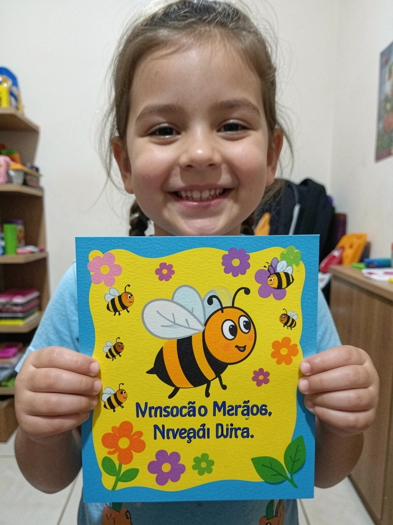 Criança sorrindo enquanto segura um cartão colorido com estampa de ursinho.