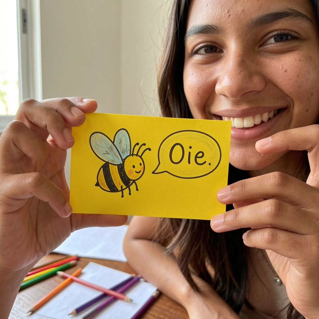 Cartão amarelo com uma abelha desenhada e um balão de texto escrito