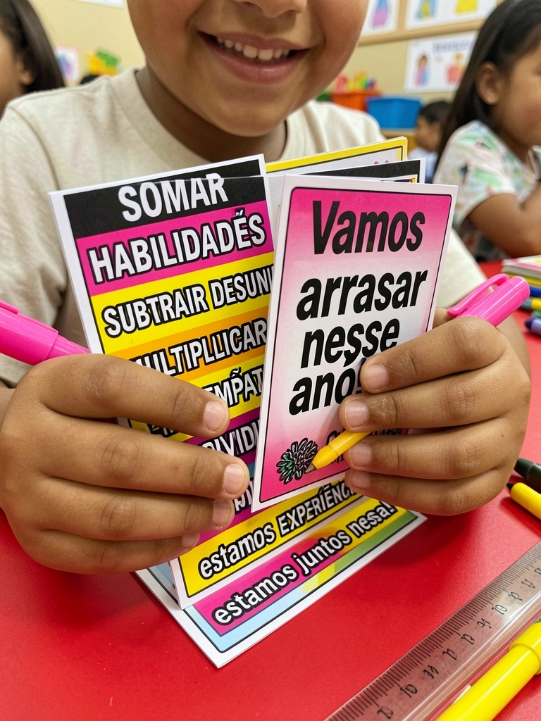 Cartão com lápis e régua sobre mesa, texto