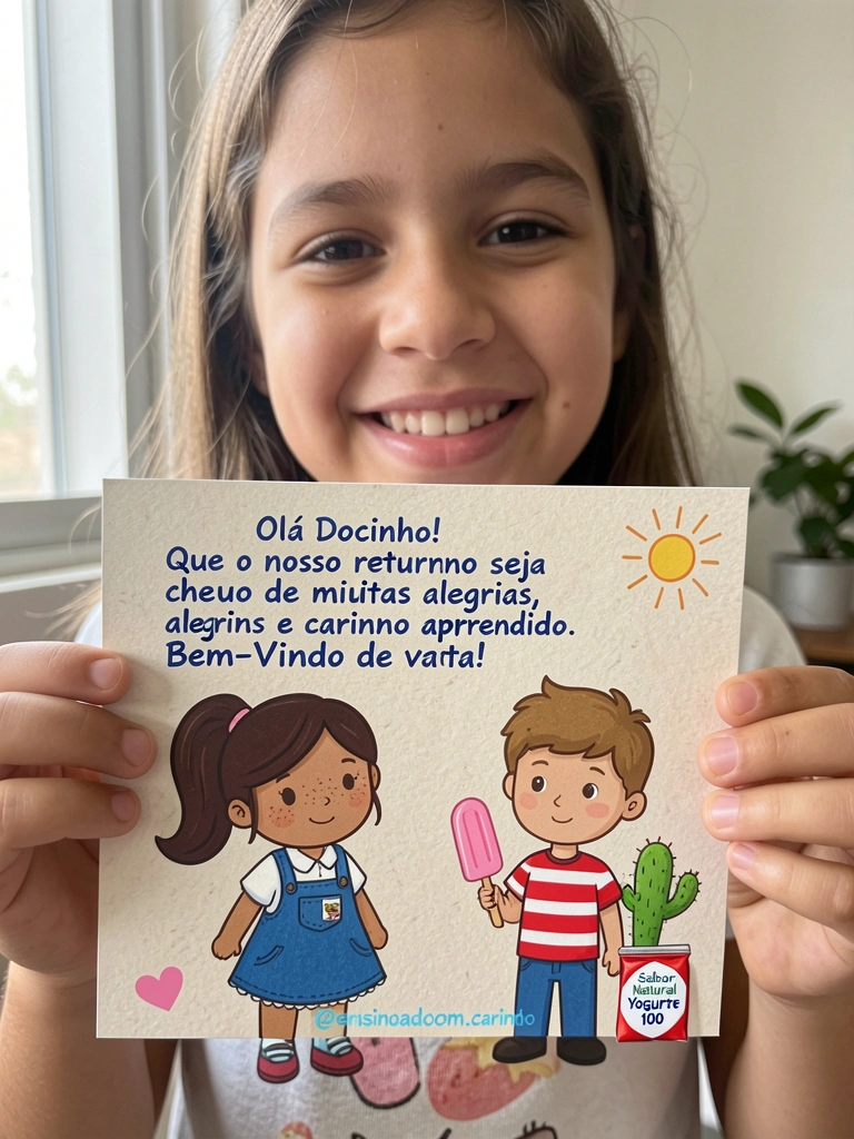 Criança segura um cartão com sua própria foto.