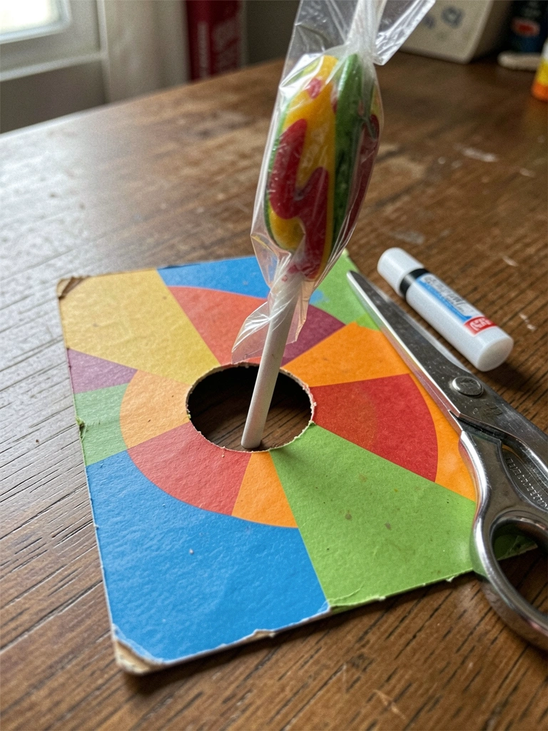 Cartão colorido com furo redondo no centro, um pirulito inserido, sobre mesa com tesoura e cola.
