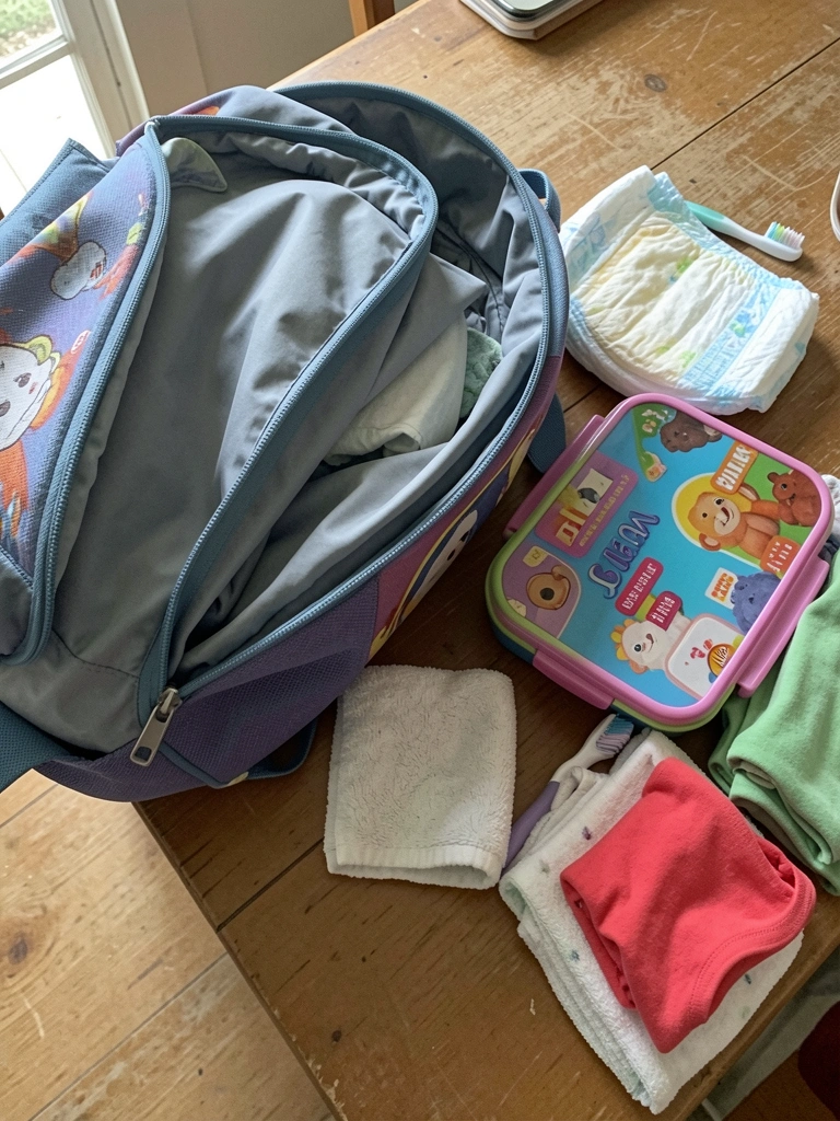Mochila infantil aberta sobre uma mesa, com fralda, toalha, lancheira, escova de dentes e roupas extras organizados ao lado.