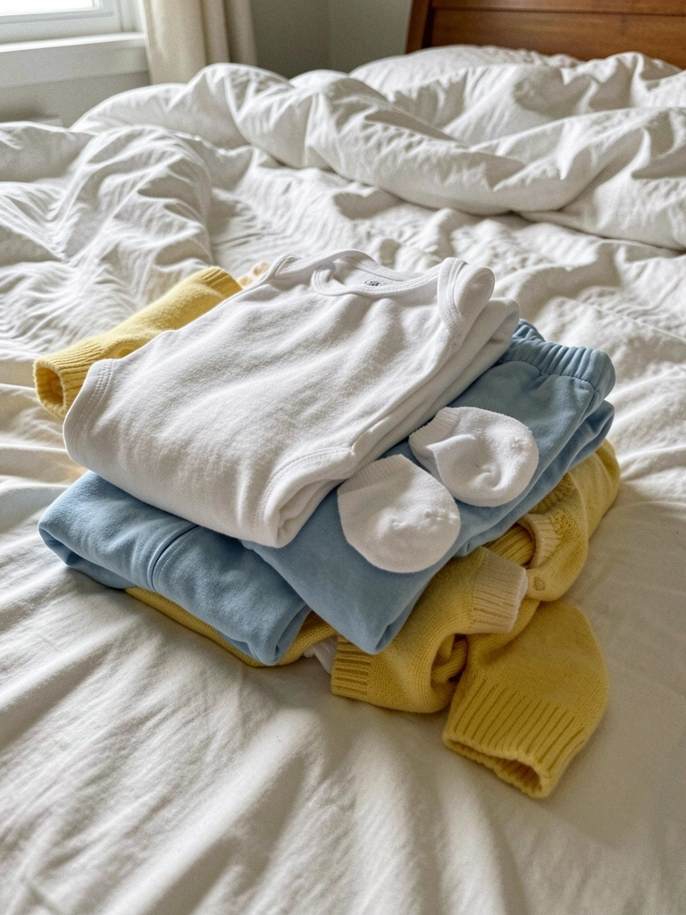 Pilha de roupas infantis dobradas sobre uma cama, incluindo body, calça, meias e casaco.