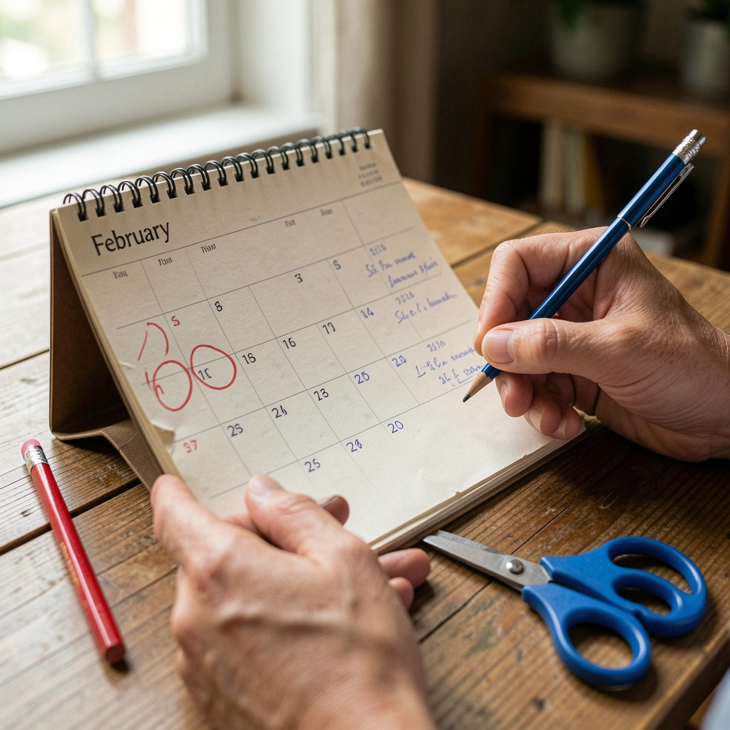 Calendário de mesa com folha de fevereiro, primeiros dias circulados e horários anotados.