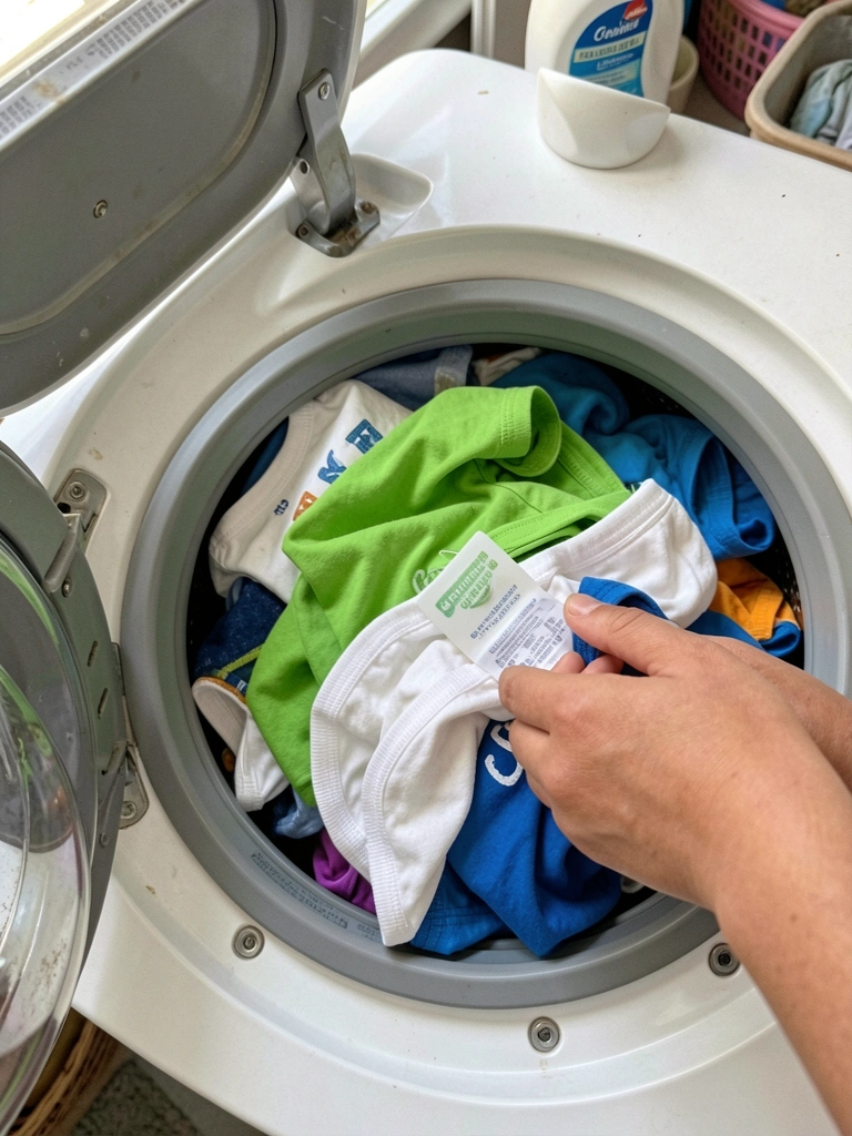 Máquina de lavar aberta com roupas infantis, etiqueta de silicone presa à etiqueta de uma peça.