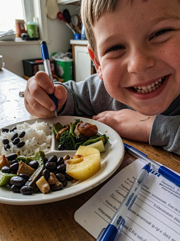 Prato infantil com divisórias contendo arroz, feijão, legumes e fruta, ao lado de uma caneta e uma ficha preenchida.