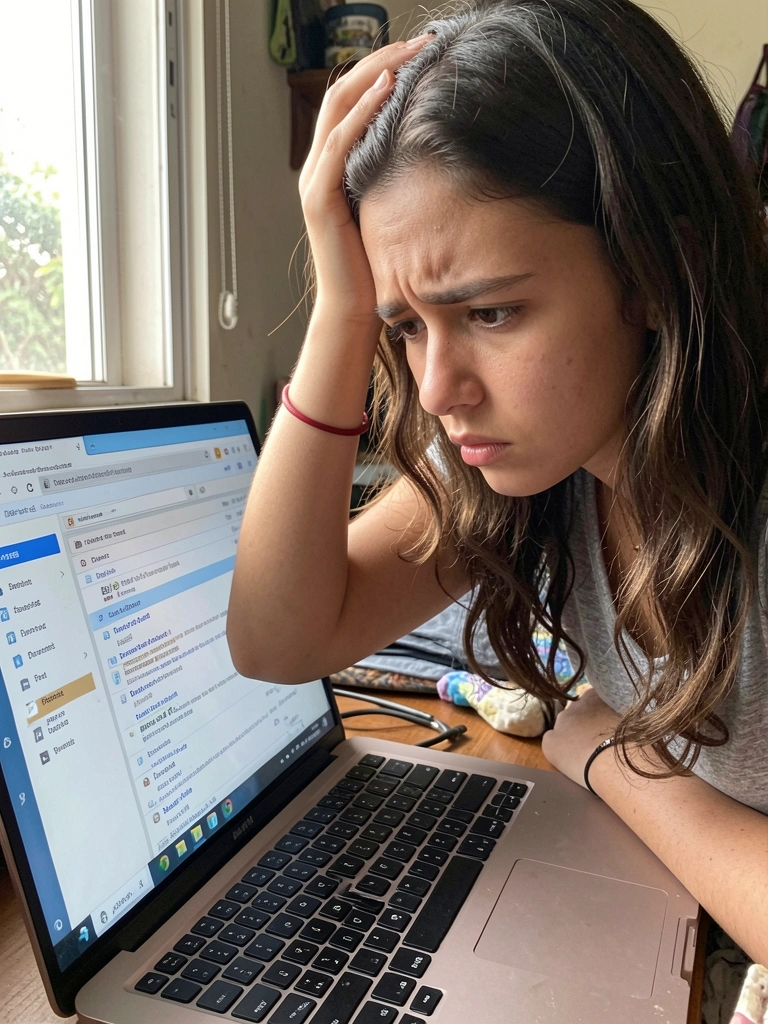 Tela de notebook com caixa de entrada lotada de e-mails e mão segurando a cabeça em sinal de preocupação.