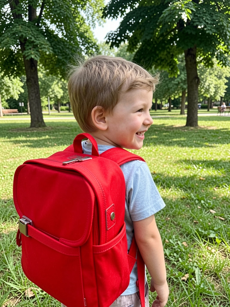 Criança de costas com mochila e fivela no peito em um parque.