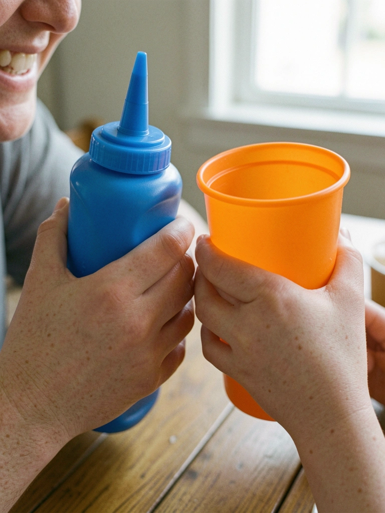 Duas mãos seguram um squeeze azul e um copo de treinamento alaranjado.