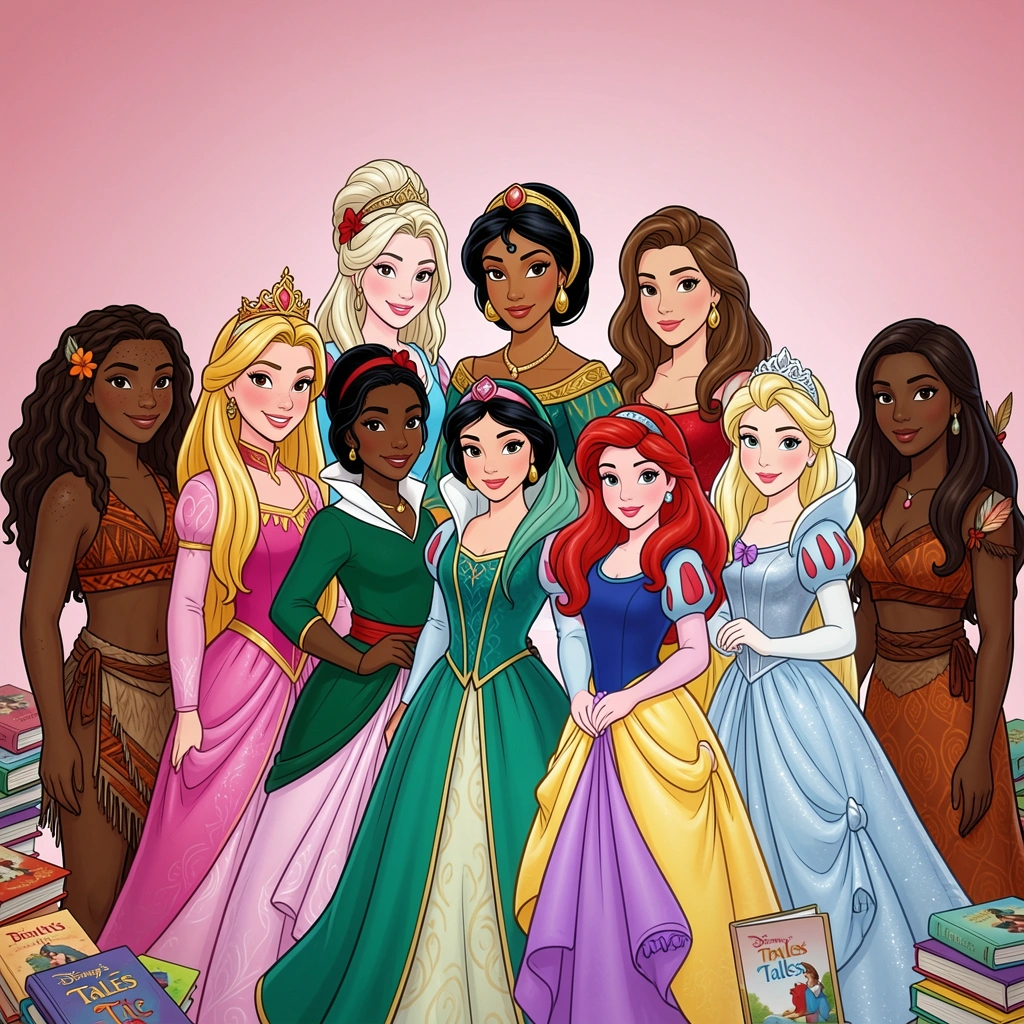 Treze silhuetas de princesas Disney dispostas em círculo sobre fundo claro.
