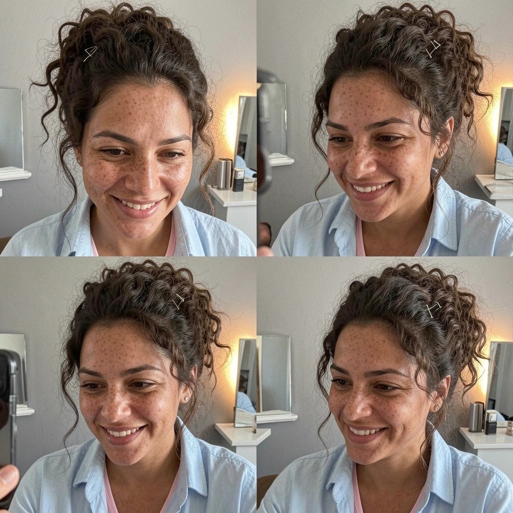 Mulher de cabelos cacheados curtos fazendo coque frouxo com grampos, fios soltos, sorrindo em frente ao espelho.