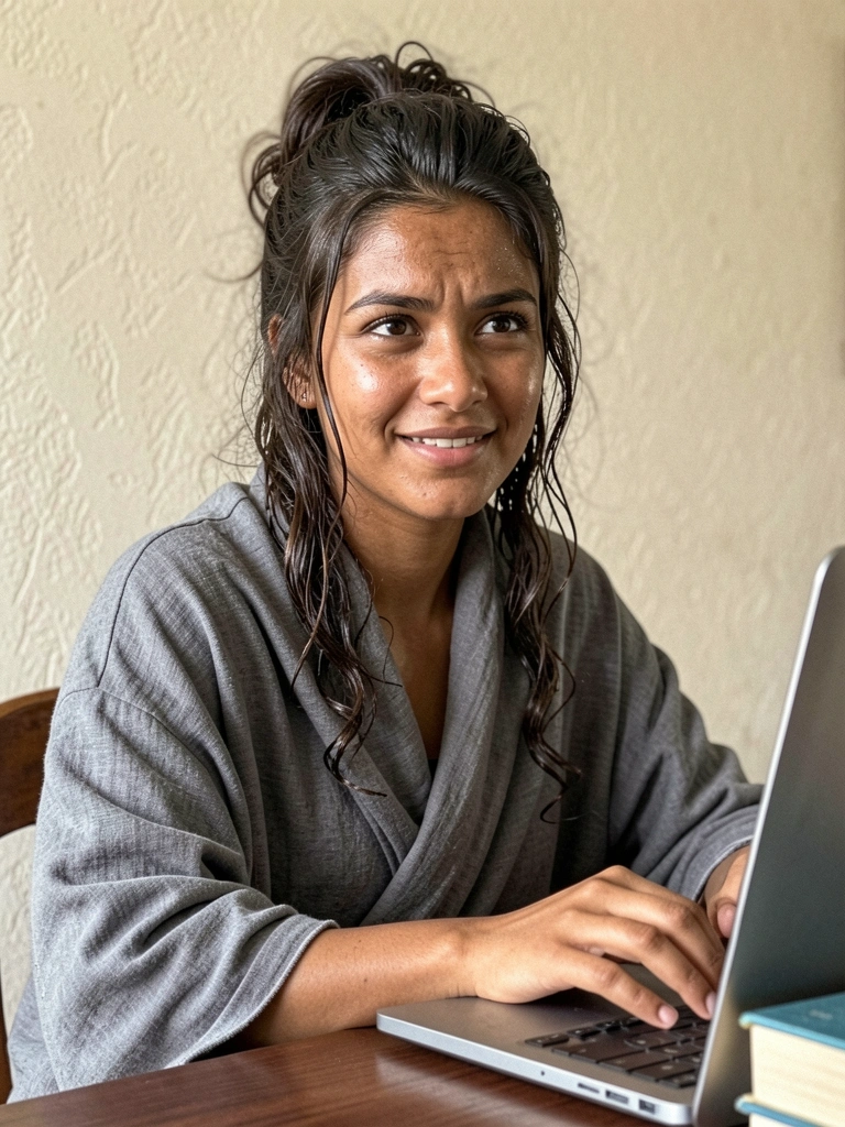 Mulher jovem digitando em notebook com expressão concentrada, pilha de livros ao lado.