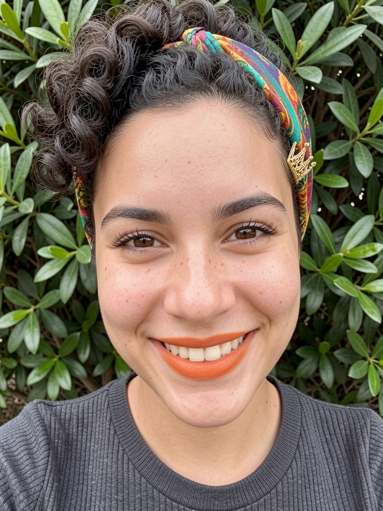 Mulher com cabelo cacheado curto usando lenço colorido amarrado na cabeça como tiara, sorrindo.