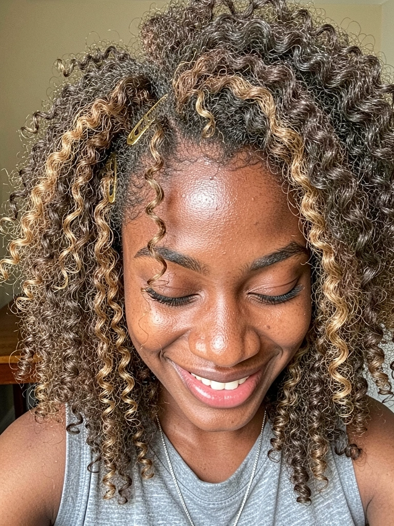 Mulher com cabelo cacheado curto e trança embutida lateral, sorrindo em vista frontal.