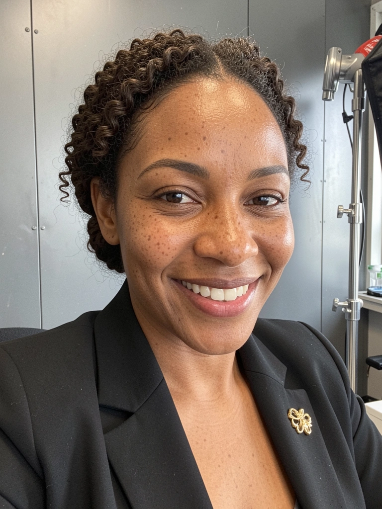 Mulher com cabelo cacheado curto preso em coque baixo, usando blazer, em ambiente de escritório.