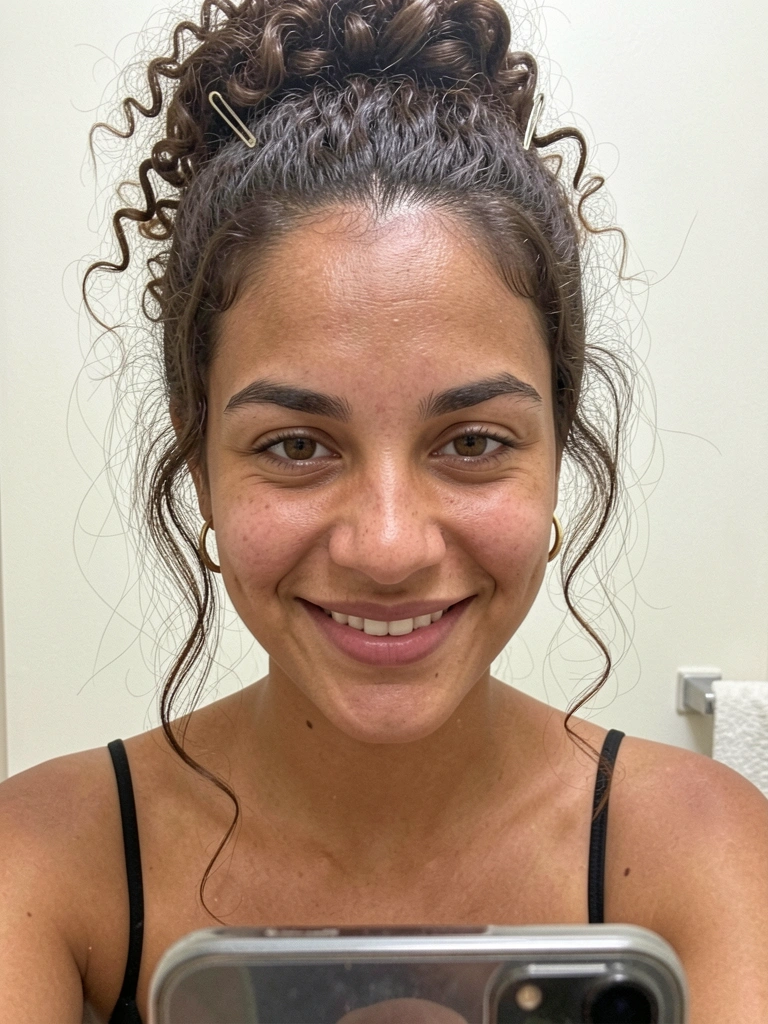 Mulher com cabelos cacheados curtos fazendo coque frouxo, fios soltos e grampos visíveis, sorrindo em frente ao espelho.