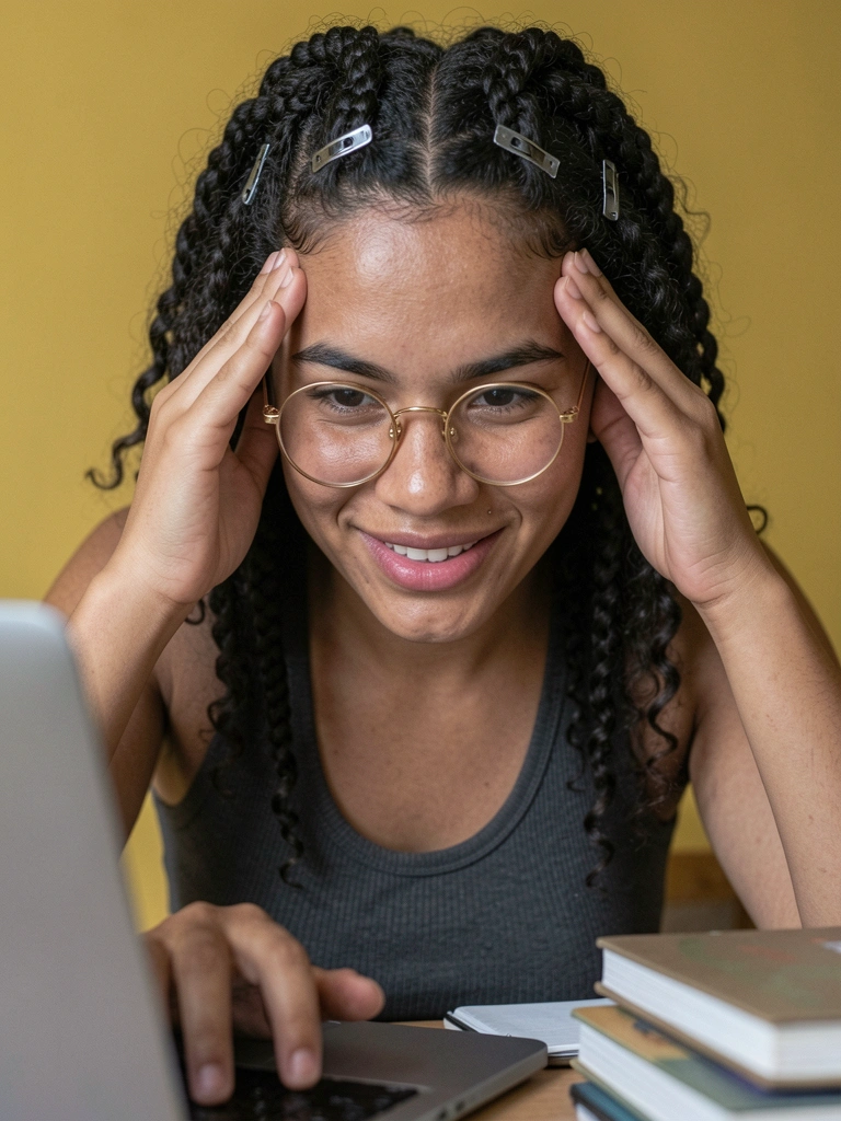 Mulher jovem digitando em notebook com expressão concentrada, pilha de livros ao lado.