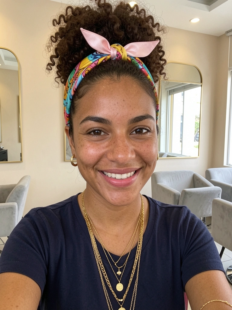 Mulher com cabelo cacheado curto usando lenço colorido amarrado na cabeça como tiara, sorrindo.