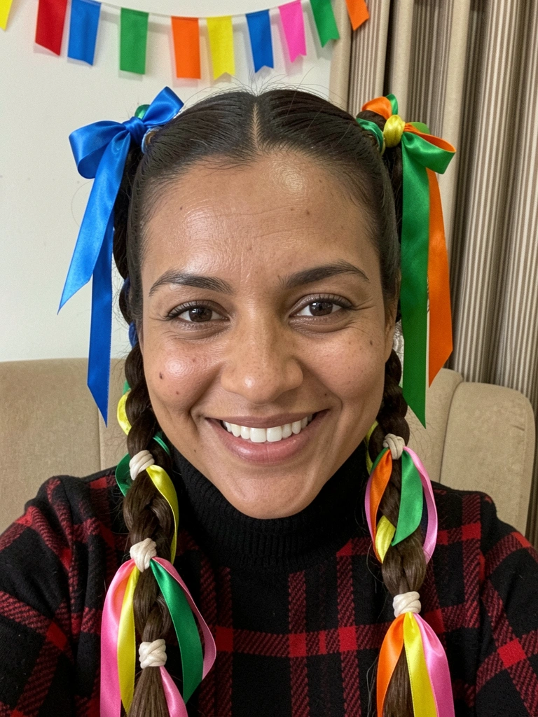 Mulher com cabelo preso em duas tranças altas com fitas de cetim coloridas nas pontas, sorrindo em ambiente de festa junina com bandeirinhas.