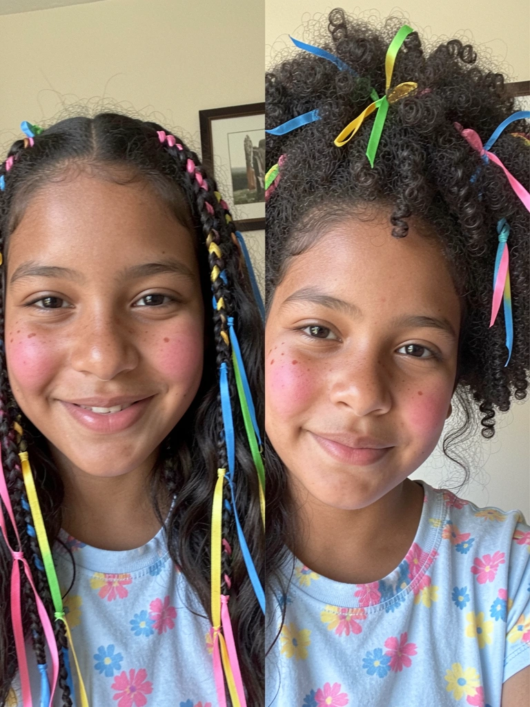 Mãos puxando suavemente as laterais de uma trança com elásticos coloridos, formando bolhas, cabelo liso castanho.