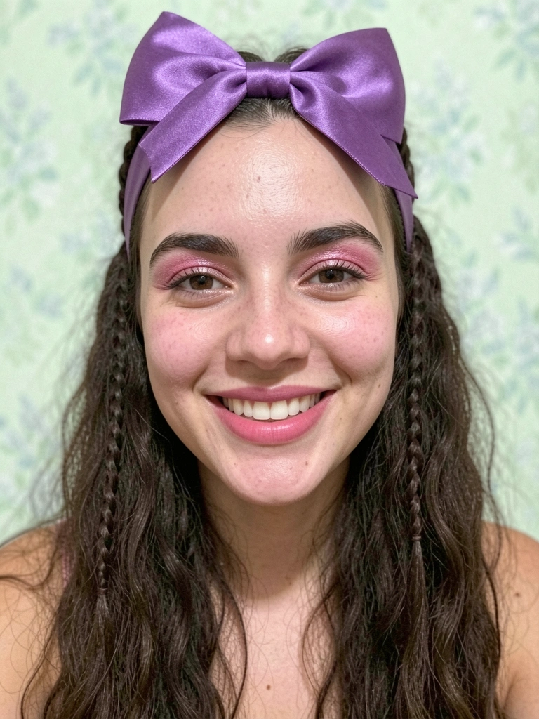 Mulher com cabelo semi-preso, duas trancinhas finas laterais se encontrando atrás, restante solto ondulado.