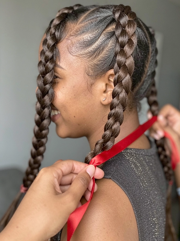 Mão enrolando fita de cetim vermelha em um elástico de cabelo, com uma trança ao fundo.