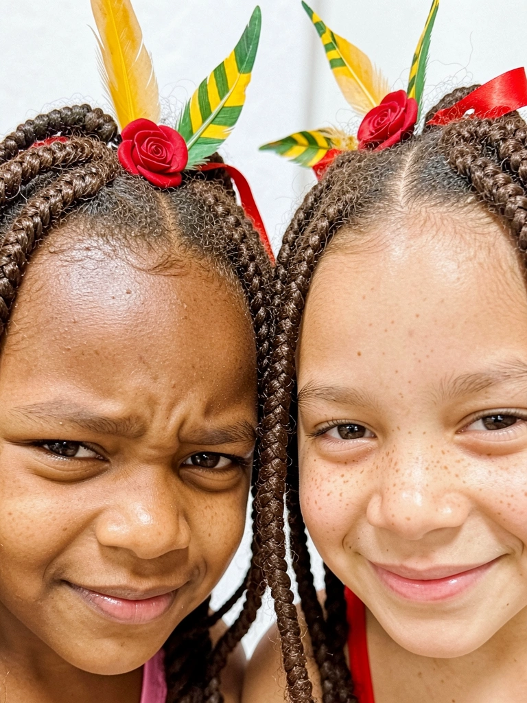 Mulher negra com cabelo cacheado preso em trança embutida, sorrindo.
