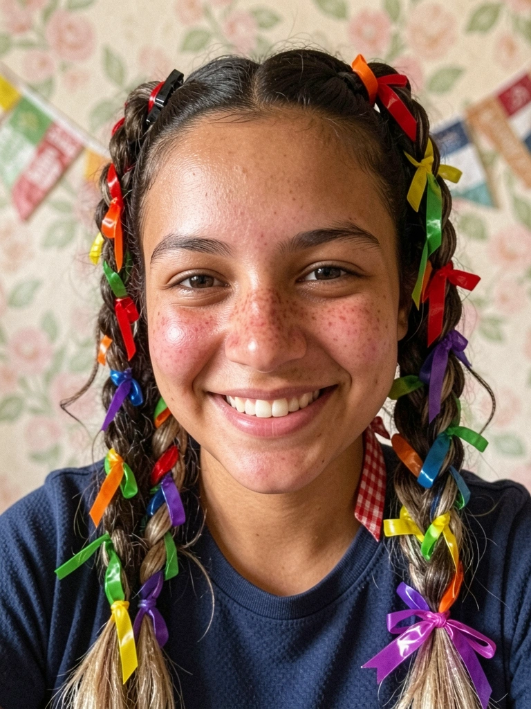 Mulher de perfil com trança boxeadora dupla e laço xadrez vermelho na nuca, fundo com bandeirinhas.