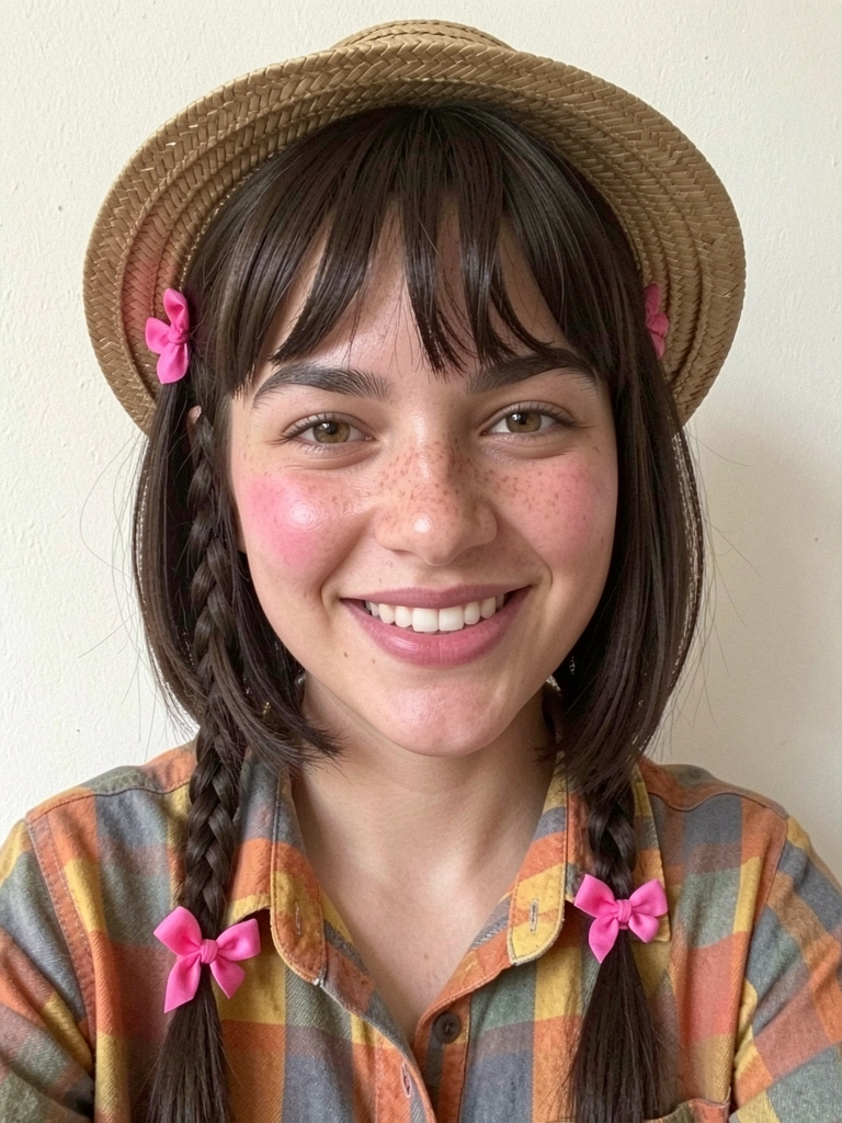 Mulher com cabelo curto, duas trancinhas finas na franja e mini chapéu de palha preso.