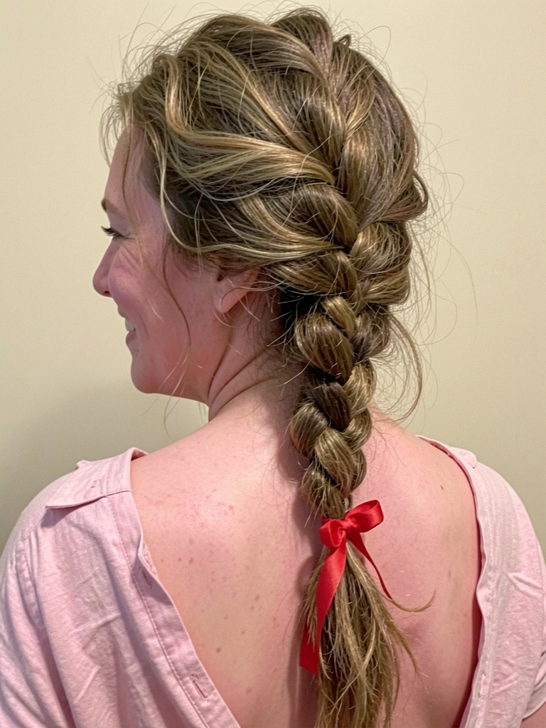 Costas de mulher com cabelo preso em trança espinha de peixe e fita vermelha na ponta.