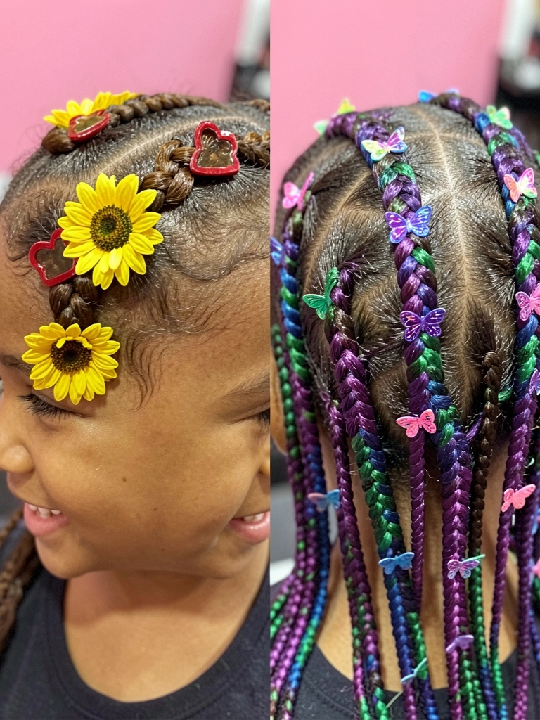 Mulher com duas tranças altas presas com fitas de cetim coloridas, sorrindo em festa junina com bandeirinhas ao fundo.