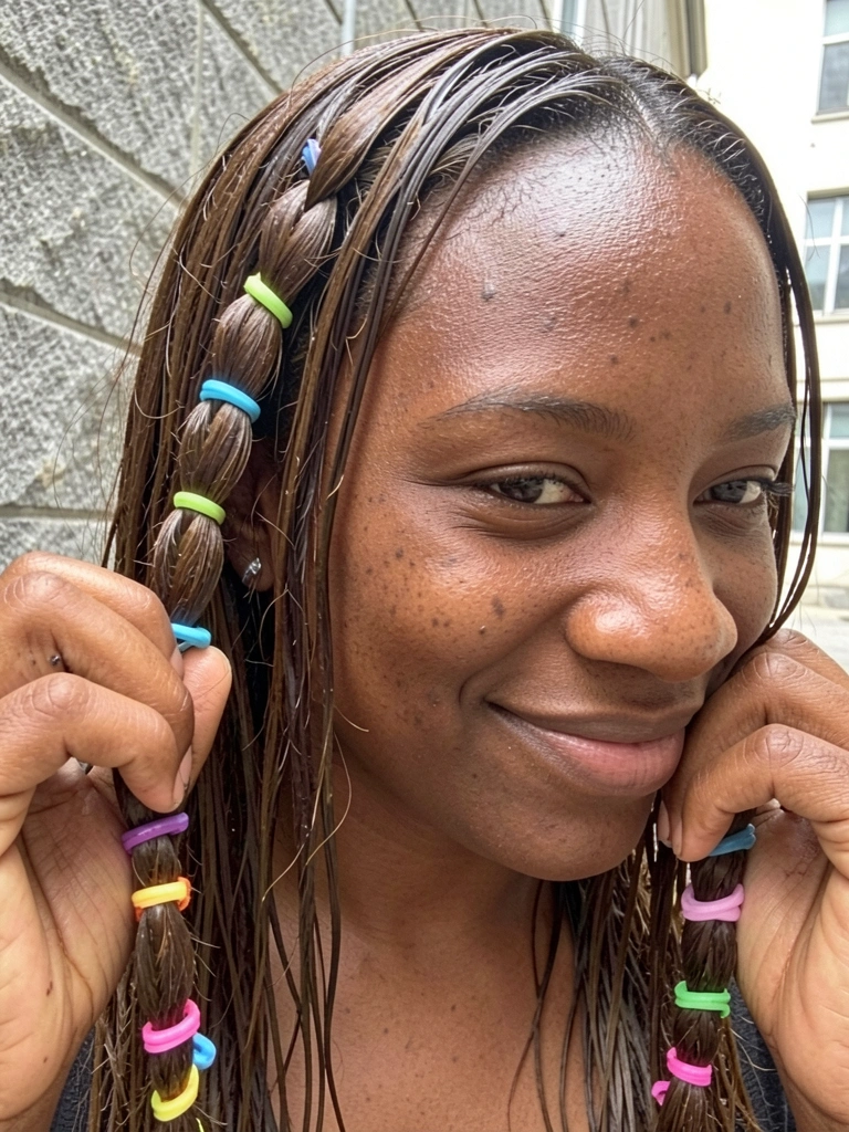 Mãos puxam laterais de trança com elásticos coloridos, formando bolhas em cabelo liso castanho.