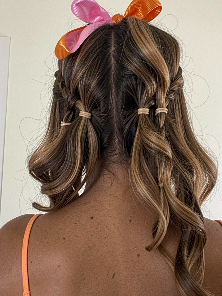Mulher com cabelo semi-preso, duas trancinhas finas laterais se encontrando atrás, restante solto ondulado.