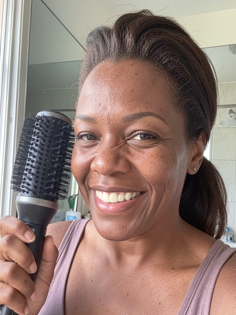 Mulher sorrindo no banheiro enquanto usa escova secadora nos cabelos, que estão com volume.