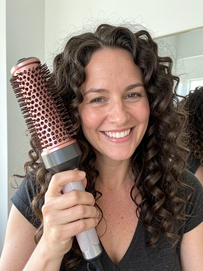 Mulher com cabelos cacheados usa escova secadora, cabelo com movimento e frizz controlado.
