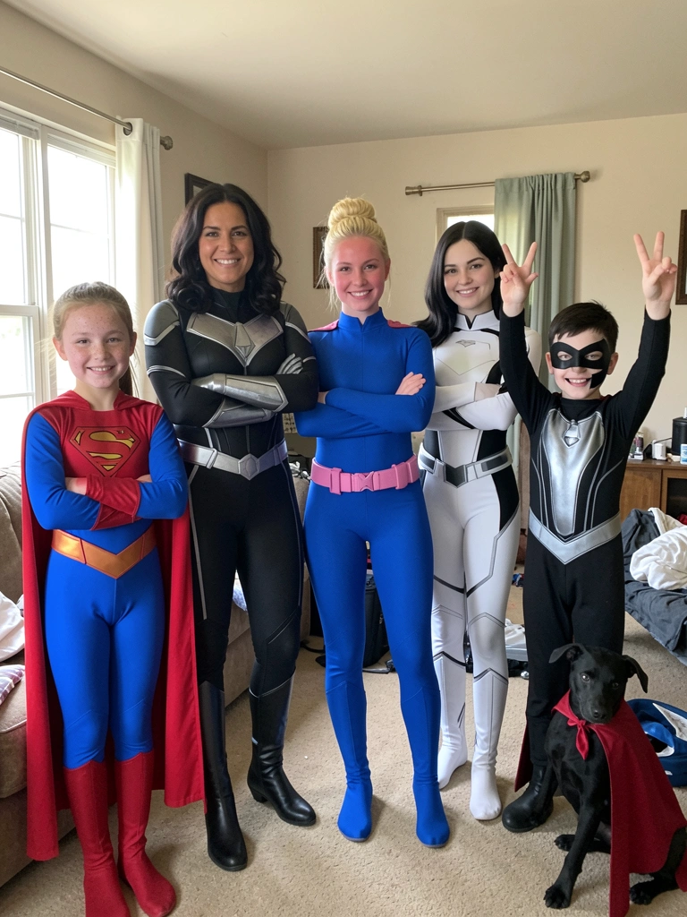 Grupo de amigos usando fantasias de super-heróis em pose descontraída.