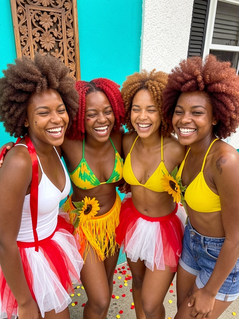 Grupo de pessoas usando fantasias coloridas em tons pasteis, cada uma com um modelo diferente.