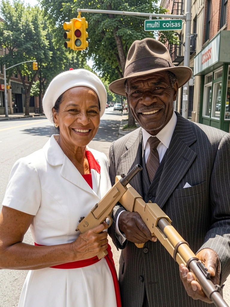 Casal fantasiado de Bonnie e Clyde, ela com vestido longo e boina, ele com terno e chapéu, segurando uma arma de brinquedo.