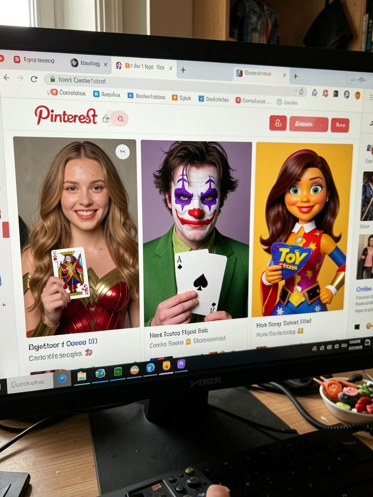 Tela de computador exibindo site do Pinterest e lojas online com fantasias.