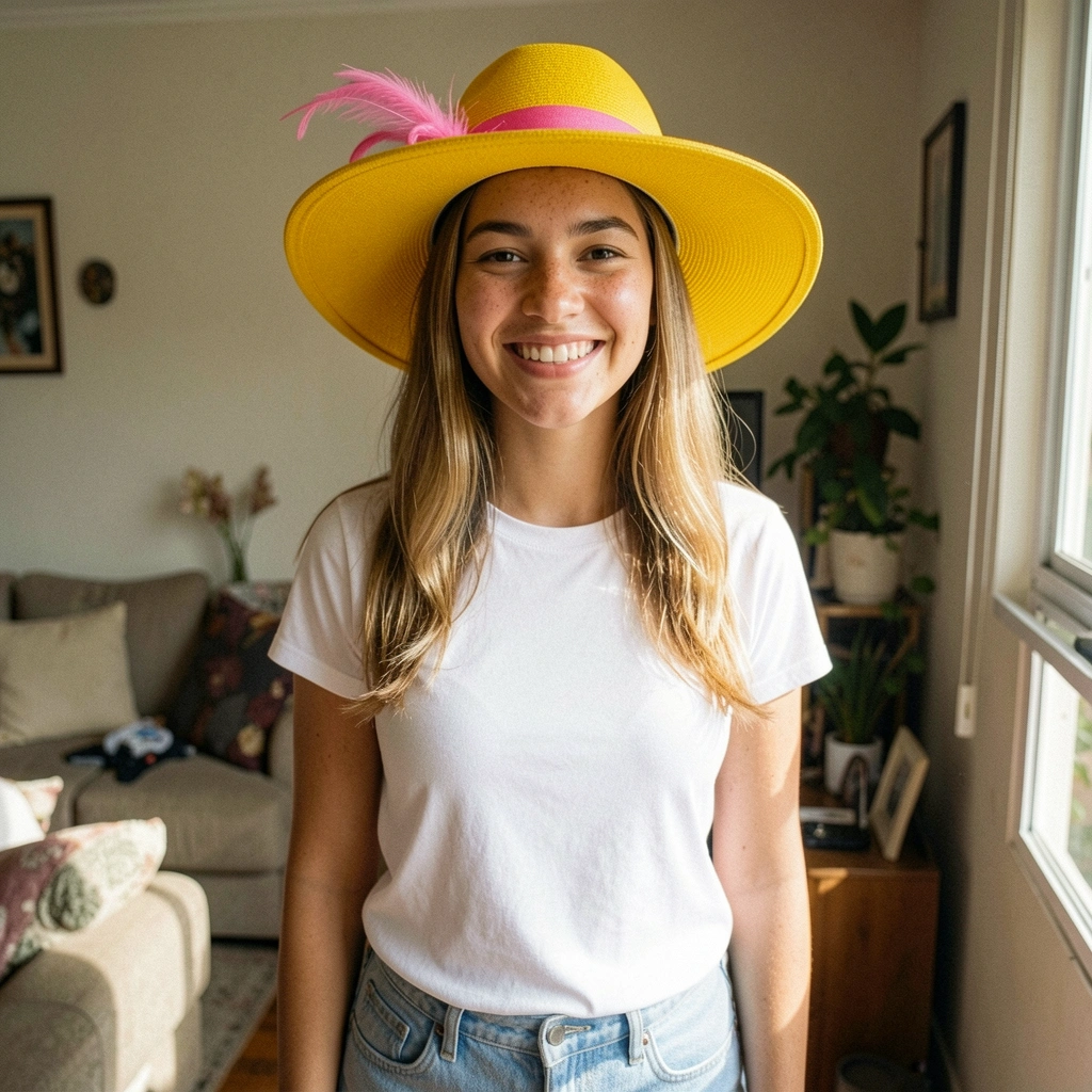 Pessoa com roupa neutra e adereço de cabeça colorido em formato de pássaro.