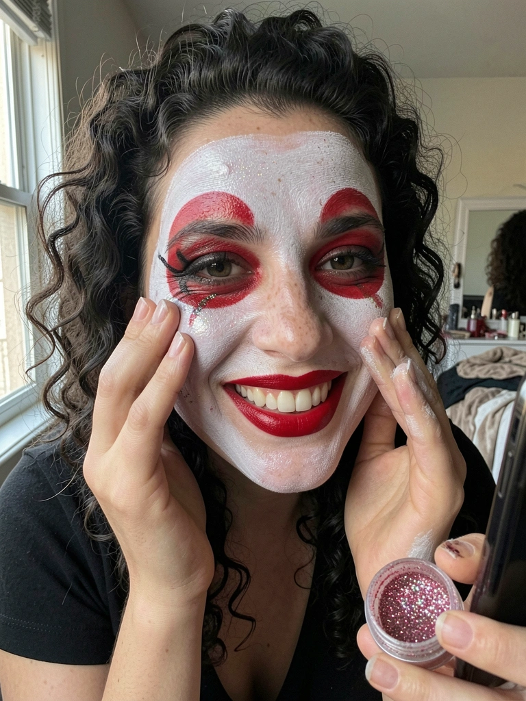 Mãos aplicando glitter colorido e pintura facial em uma superfície.