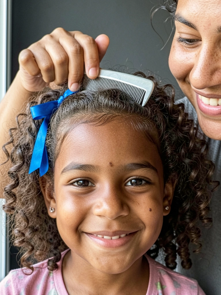 Mãe sorrindo penteia os cabelos cacheados de uma criança com um pente de dentes largos.
