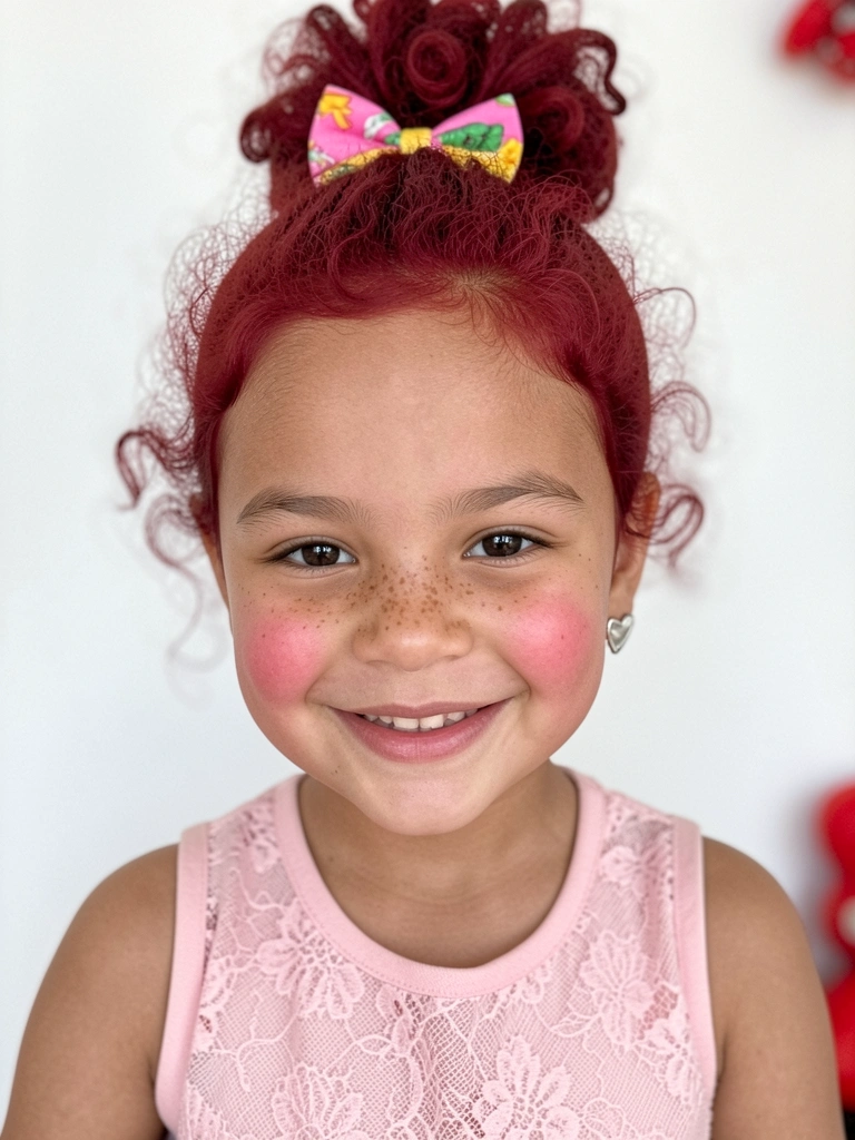 Menina com cabelos cacheados presos em coque abacaxi com laço colorido, sorrindo.