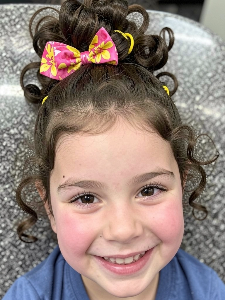 Mãos separando mechas de cabelo cacheado infantil para começar o coque abacaxi.