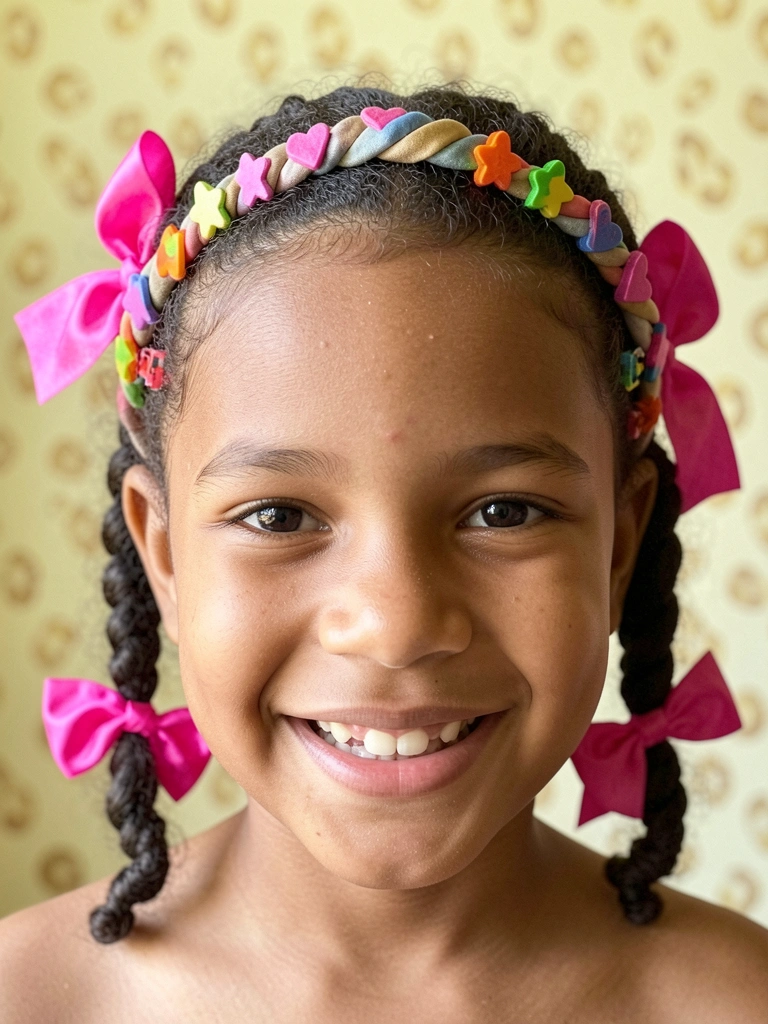 Criança sorrindo com tiara de torcidinho e presilhas coloridas formando desenhos no cabelo cacheado.
