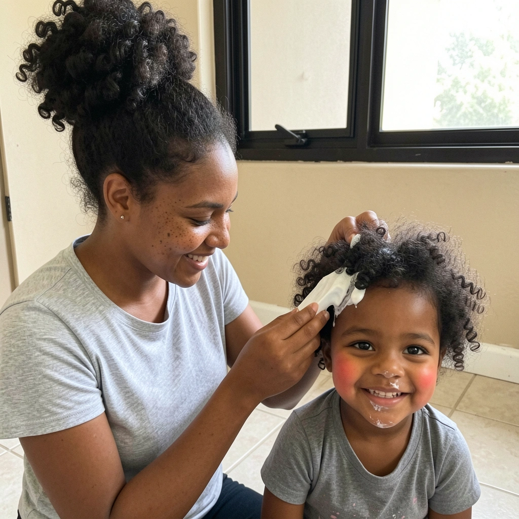 Mãe aplica creme para pentear em cabelo cacheado de criança.