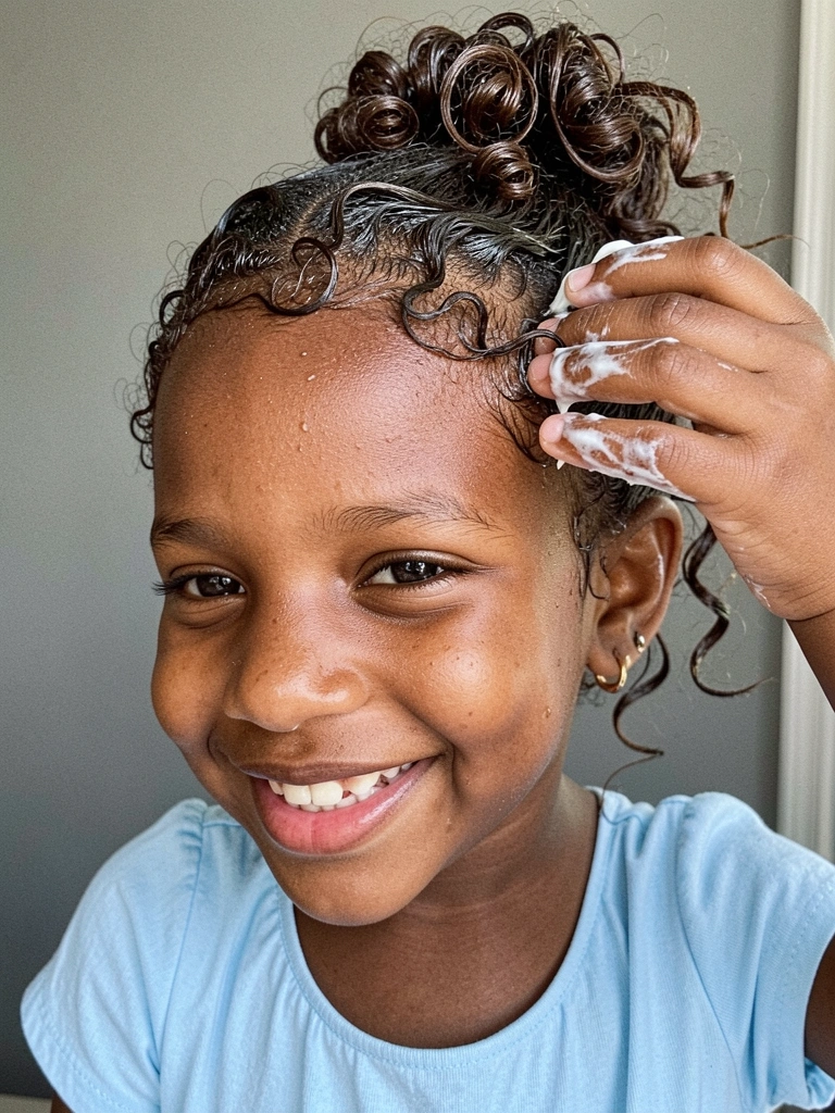 Mãos aplicando creme para pentear em cabelo crespo úmido.
