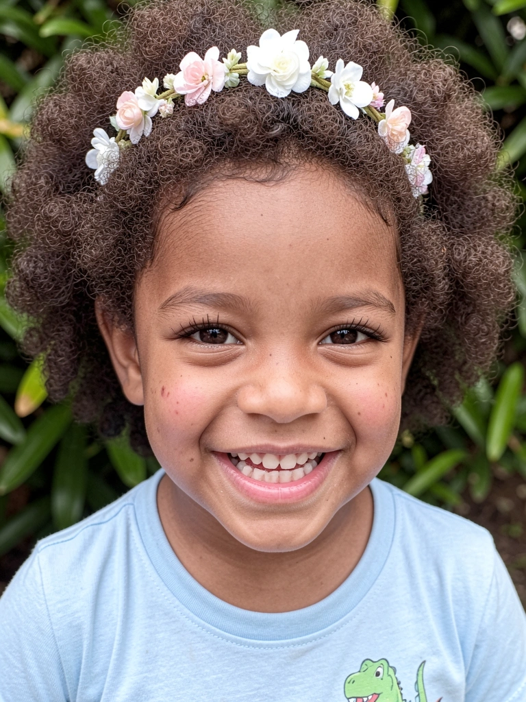 Menina com cabelos cacheados usando tiara de flores, vestido claro e sorrindo.