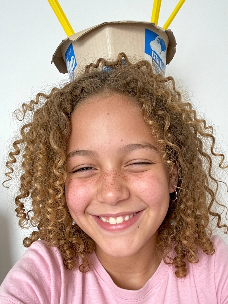 Menina com cabelos cacheados presos em semi-preso com acessórios brilhantes.